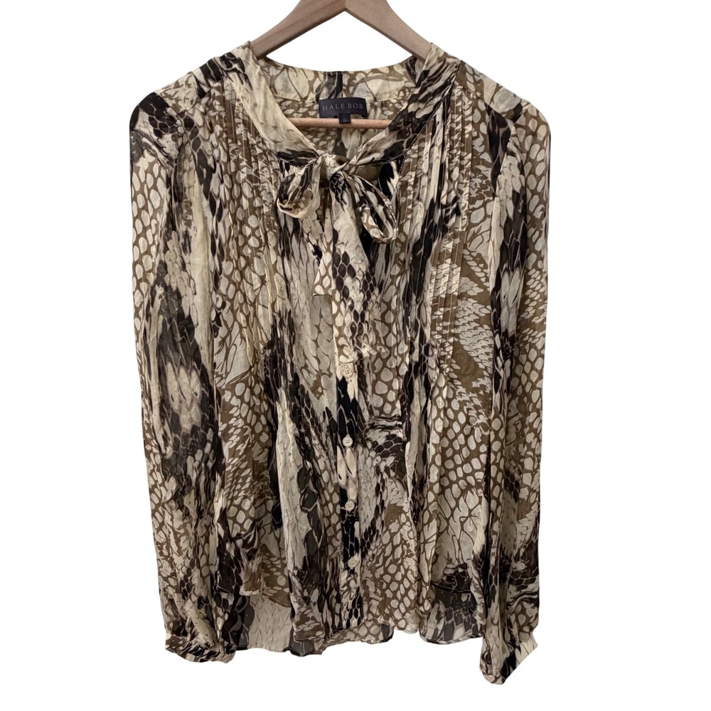 Hale Bob Silk Blouse Sz S Brown Animal Print Tie Neck Pleated Long Sleeve Snake